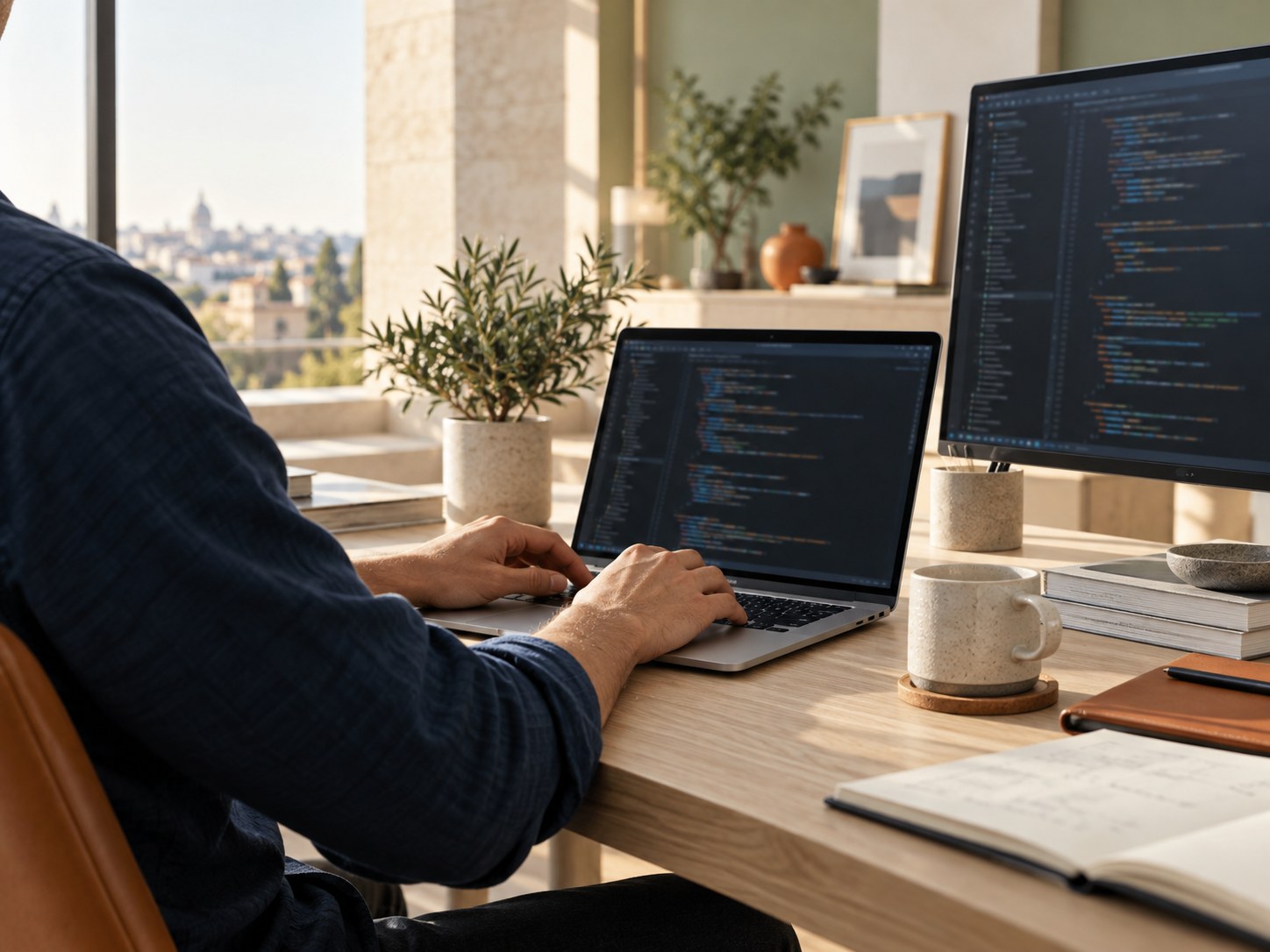 Illustrative software development workspace, created with AI: a developer at a laptop in a naturally lit studio.